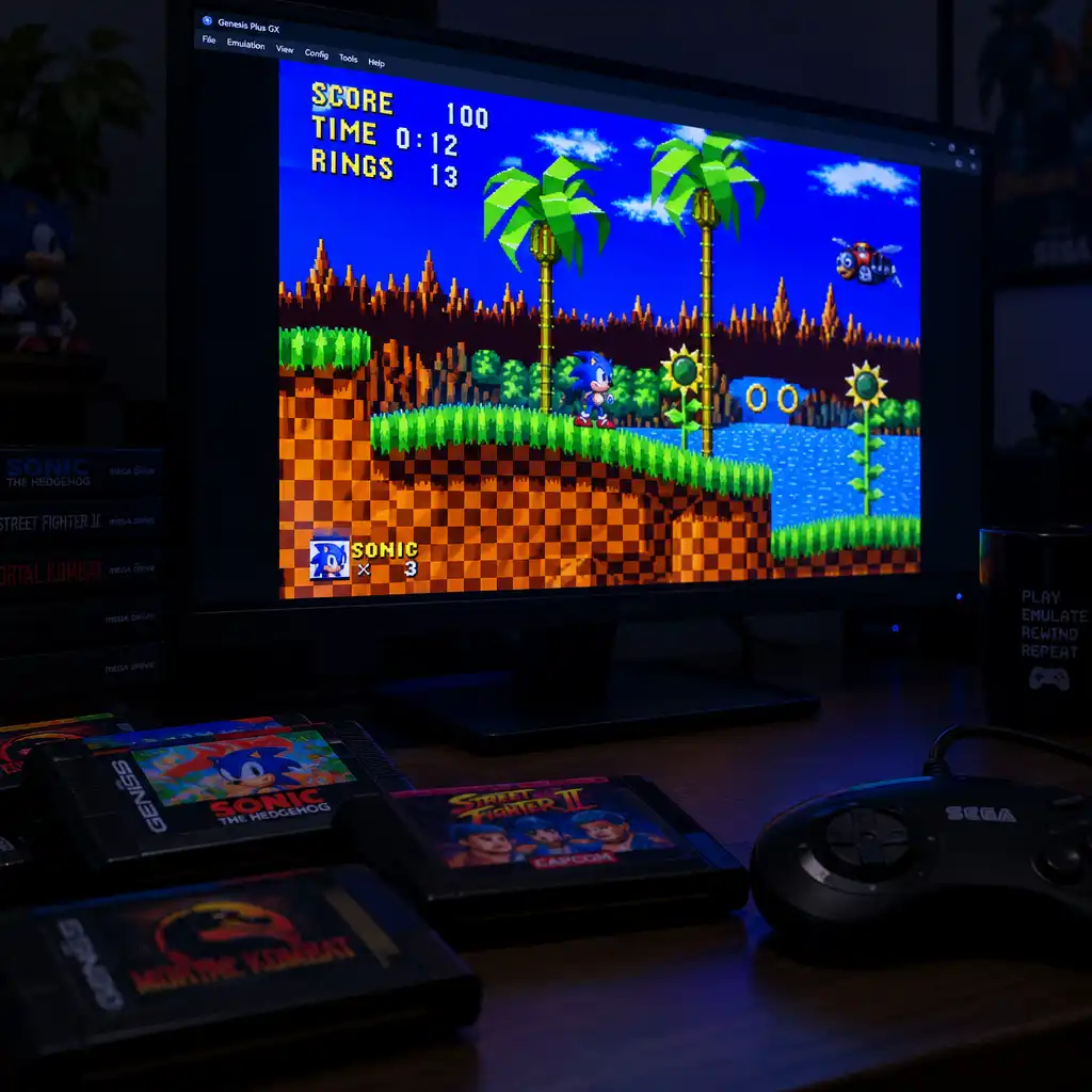 A modern computer running an emulator with classic game cartridges nearby