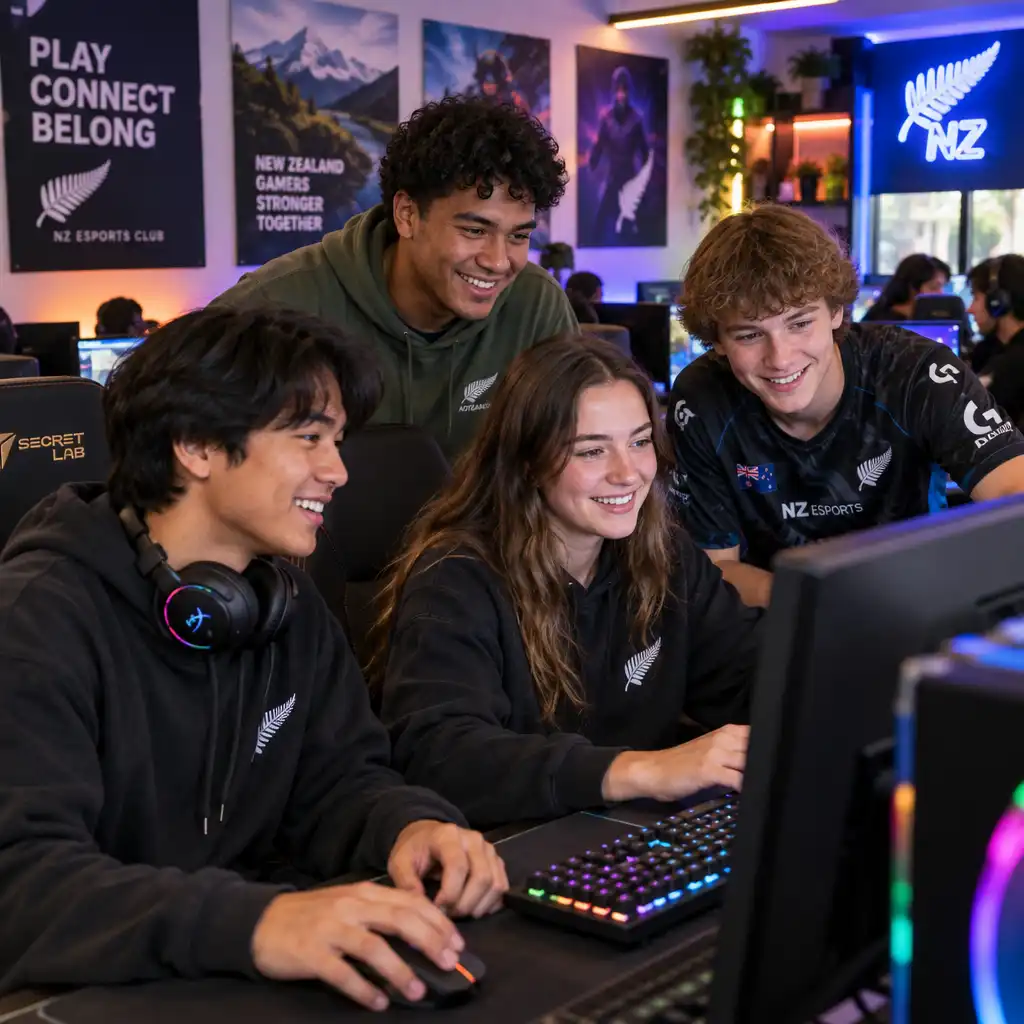 Group of young gamers at a local esports club in New Zealand smiling and collaborating around computers