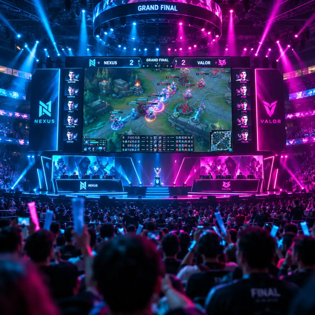 Packed esports arena during a grand final with a massive LED screen and cyan and magenta stage lighting