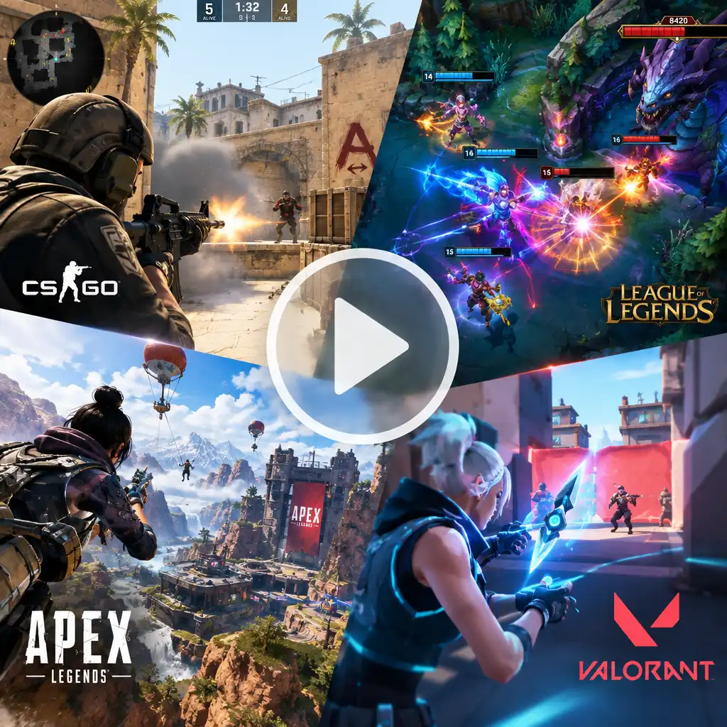 Montage of multiple game clips with a translucent play button