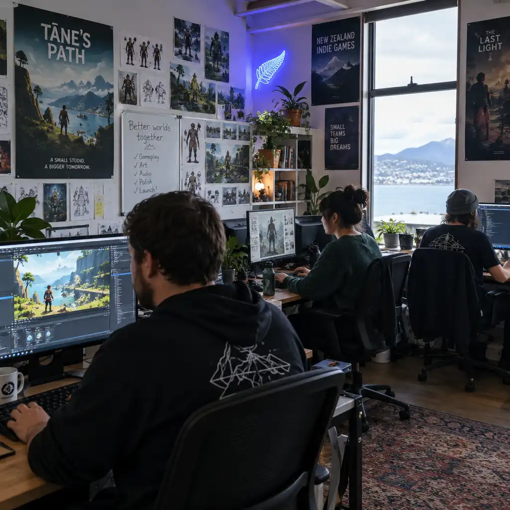 A small indie game development studio in New Zealand with developers working at computers surrounded by concept art