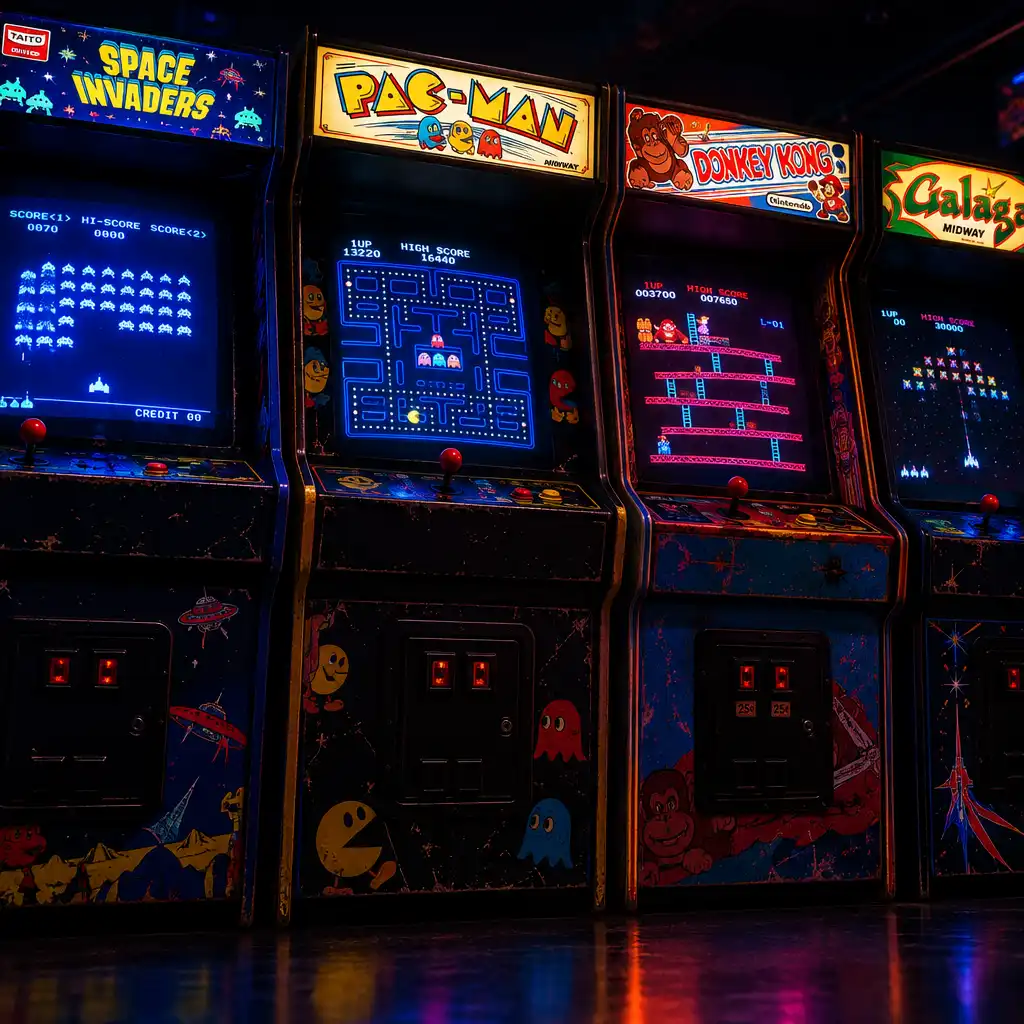 A row of classic arcade cabinets glowing in a dimly lit room