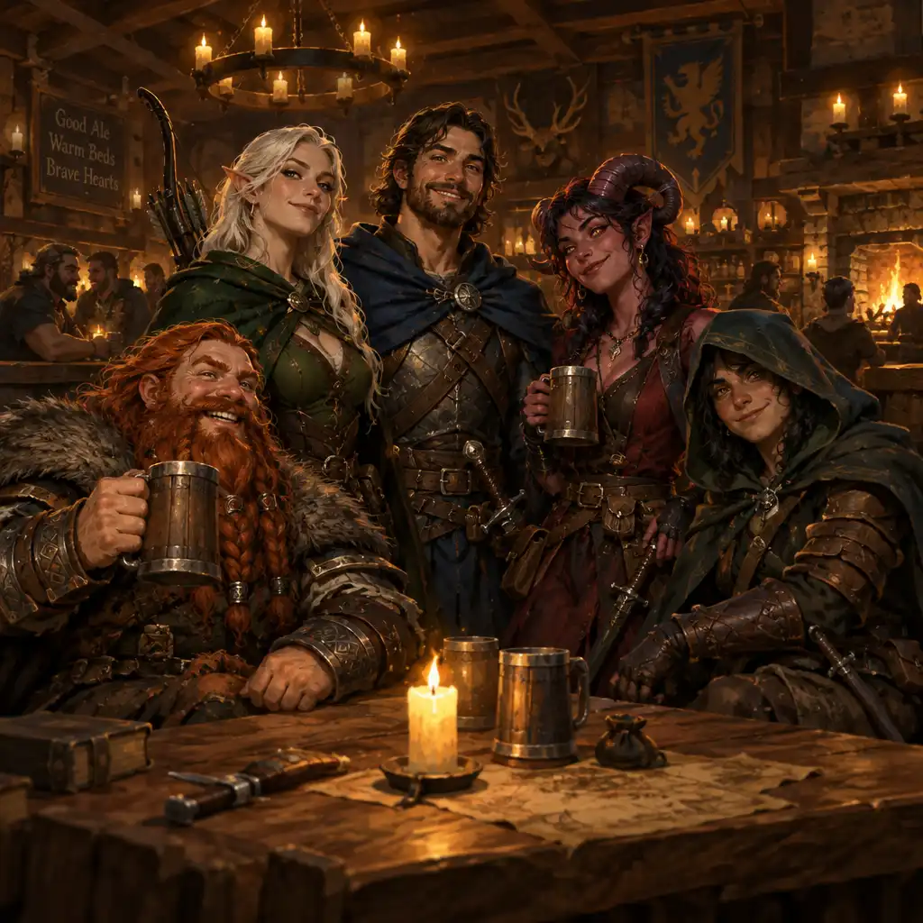 Group of fantasy adventurers standing in a warm tavern in Baldur's Gate 3.