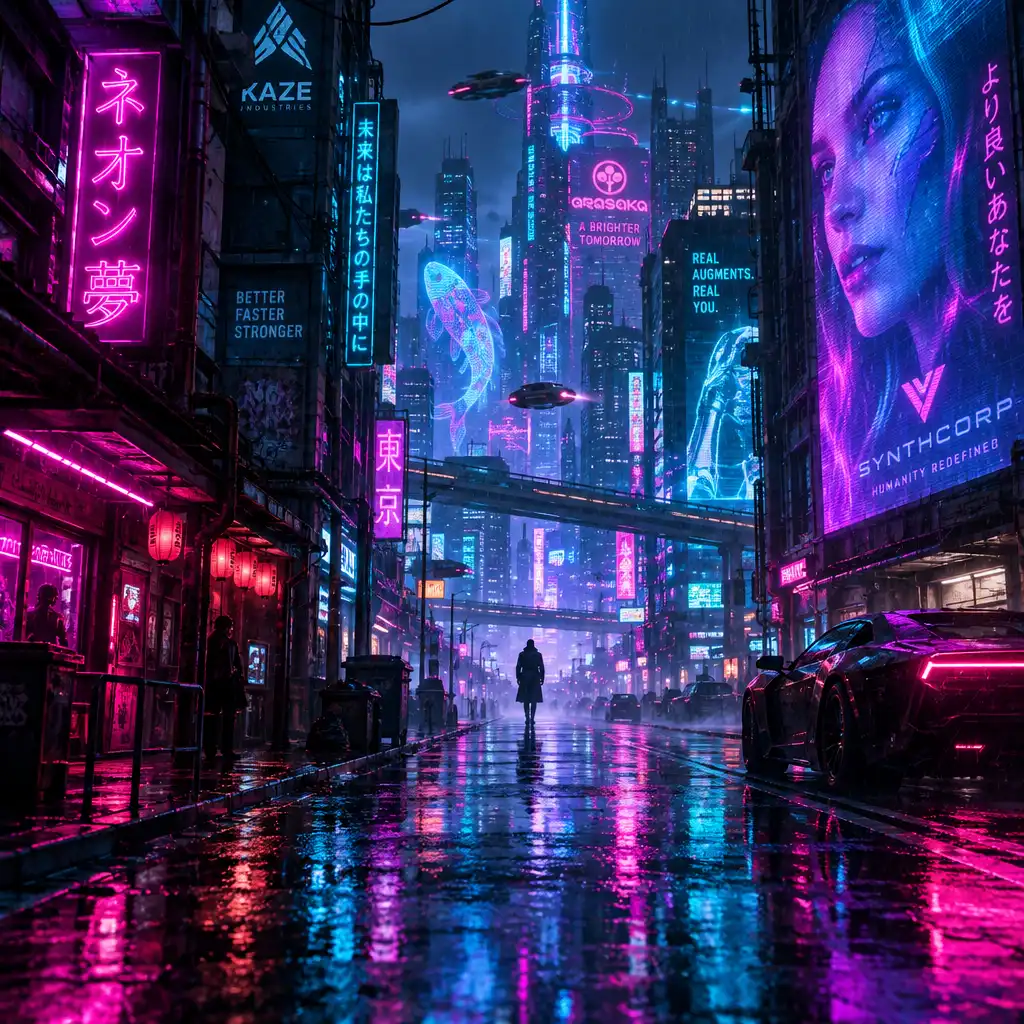 Neon-lit cyberpunk city street at night with rain-slicked roads and holographic advertisements.