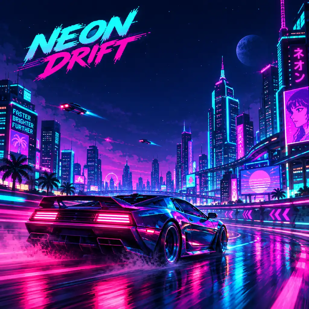 Concept art of a retro-futuristic racing car speeding through a neon city