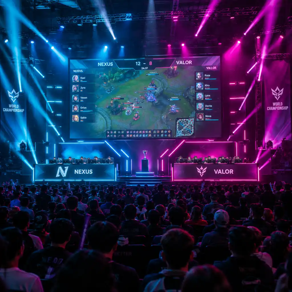 An esports tournament stage with a large screen, cyan and magenta lighting, and a crowd of spectators