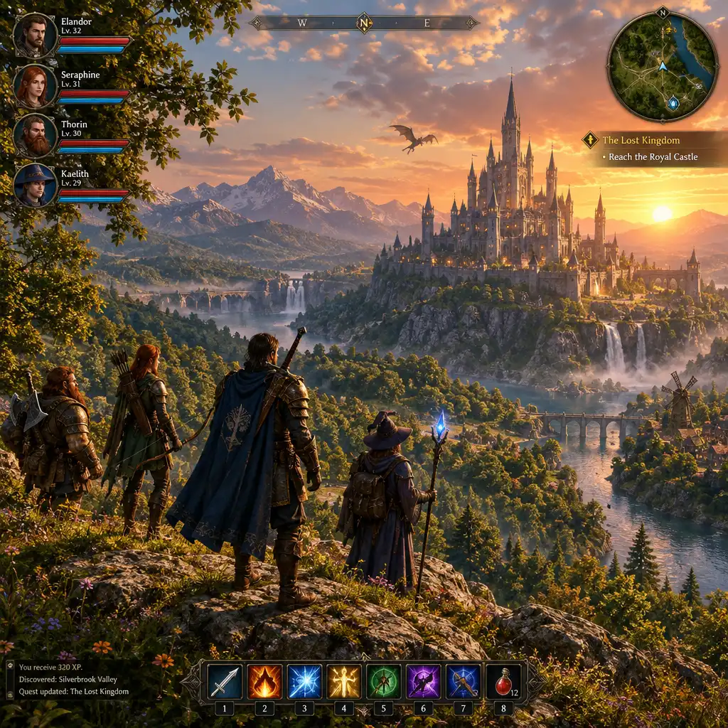 A fantasy RPG landscape with a castle, lush forests, and a group of adventurers under a warm sunset