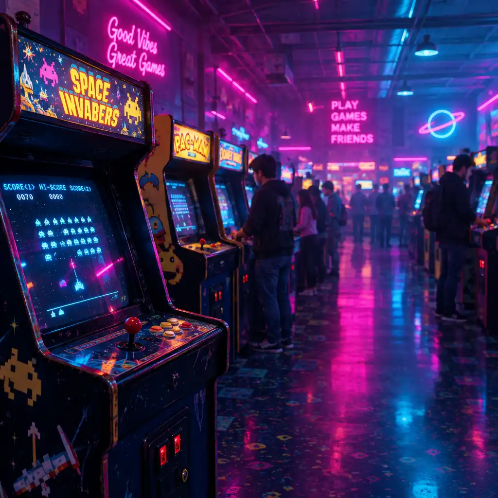 Rows of vintage arcade cabinets glow with magenta and cyan neon in a nostalgic arcade hall.