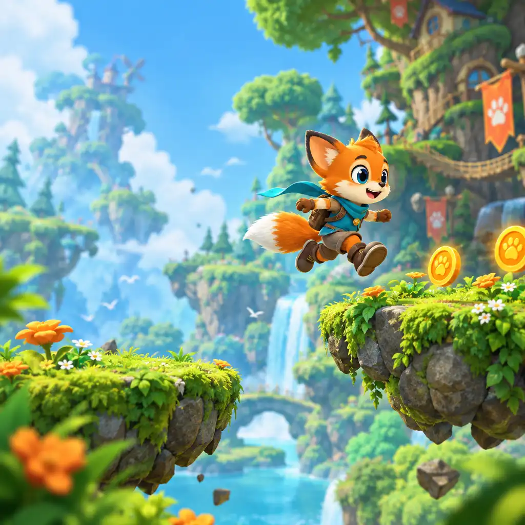 A colorful character jumps across floating platforms in a whimsical forest