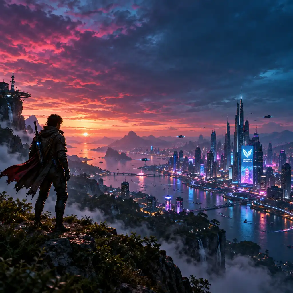 A lone protagonist stands on a cliff overlooking a sprawling neon-lit futuristic city at dusk