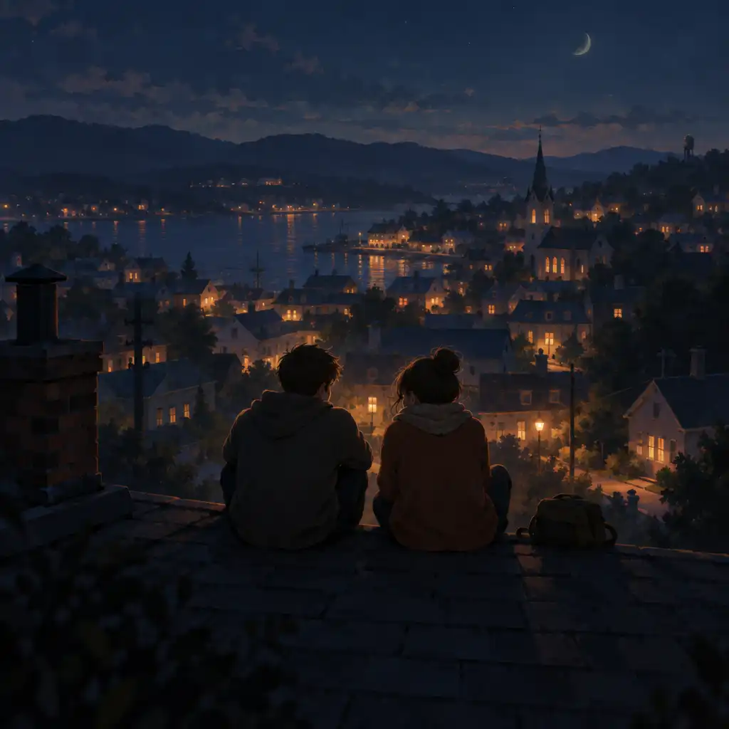 Two characters sit on a rooftop at night, looking out over a small town with warm lights